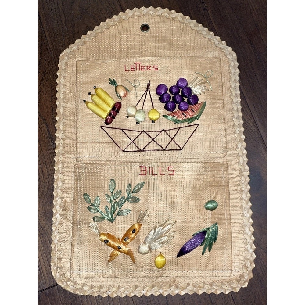 Vintage 1960s Bill Letter Organizer Straw Hanging 17"